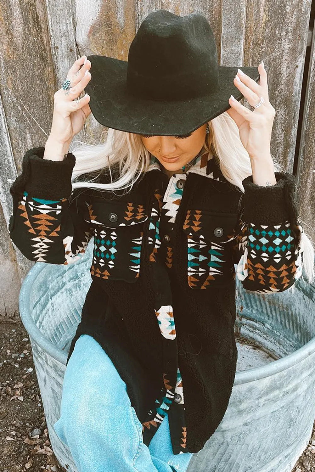 Black Western Aztec Print Accent Fleece Shacket - Chic Meadow Boutique 