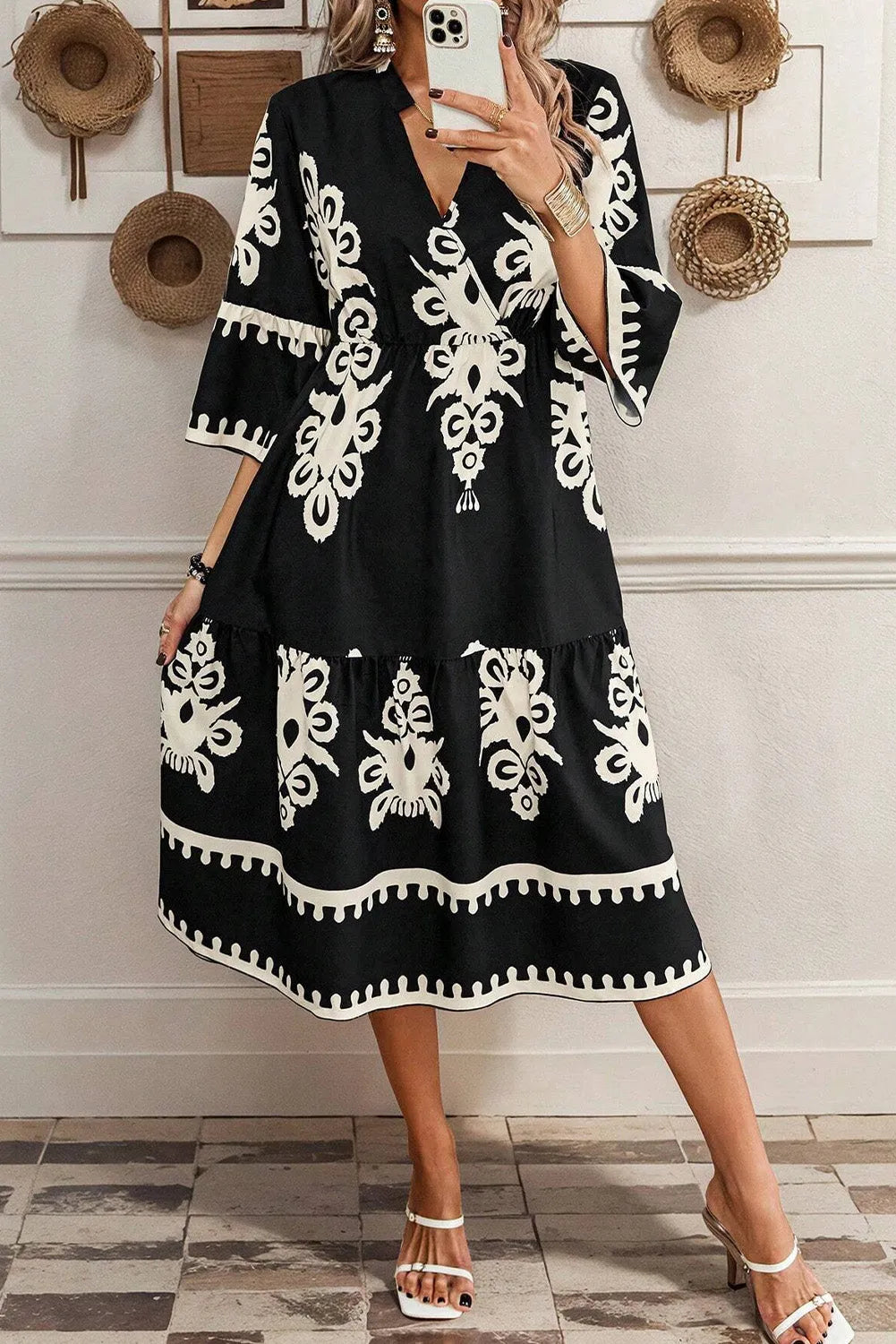 Black Western Geometric Print 3/4 Sleeve Loose Midi Dress - Chic Meadow Boutique 