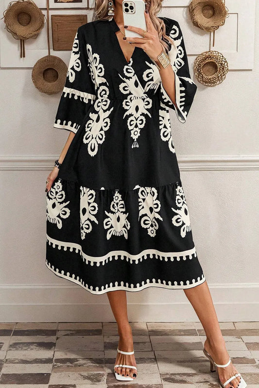 Black Western Geometric Print 3/4 Sleeve Loose Midi Dress - Chic Meadow Boutique 