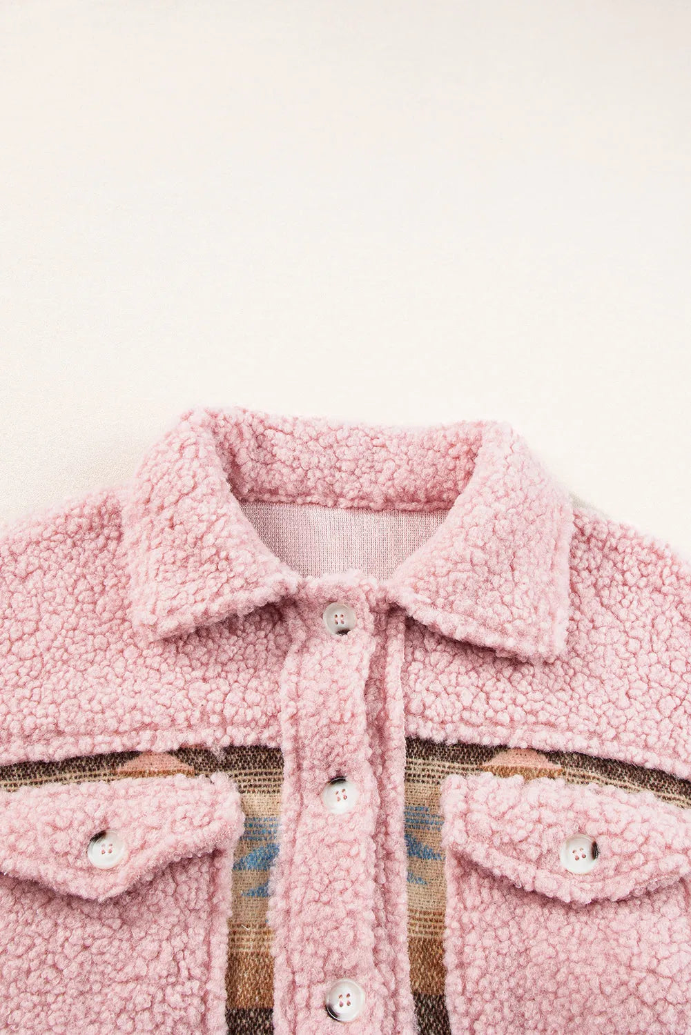 Pink Western Aztec Print Sherpa Splicing Buttoned Flap Pocket Coat - Chic Meadow Boutique 