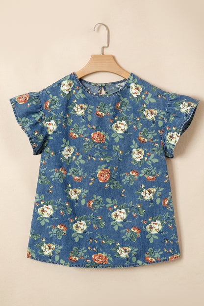Ashleigh Blue Ruffled Short Sleeve Floral Denim Top