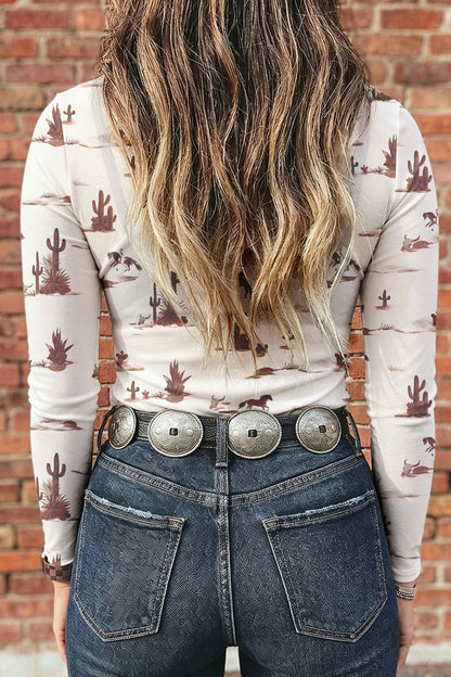 Beige Floral Print Slim Fit Mesh Long Sleeve Mock Neck Top