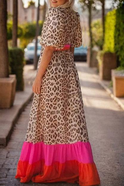 Bright Pink Leopard Colorblock Patchwork Bubble Sleeve Maxi Dress - Chic Meadow Boutique 