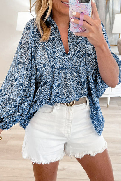 Sky Blue Western Geometric Print Frilled V Neck Loose Fit Blouse