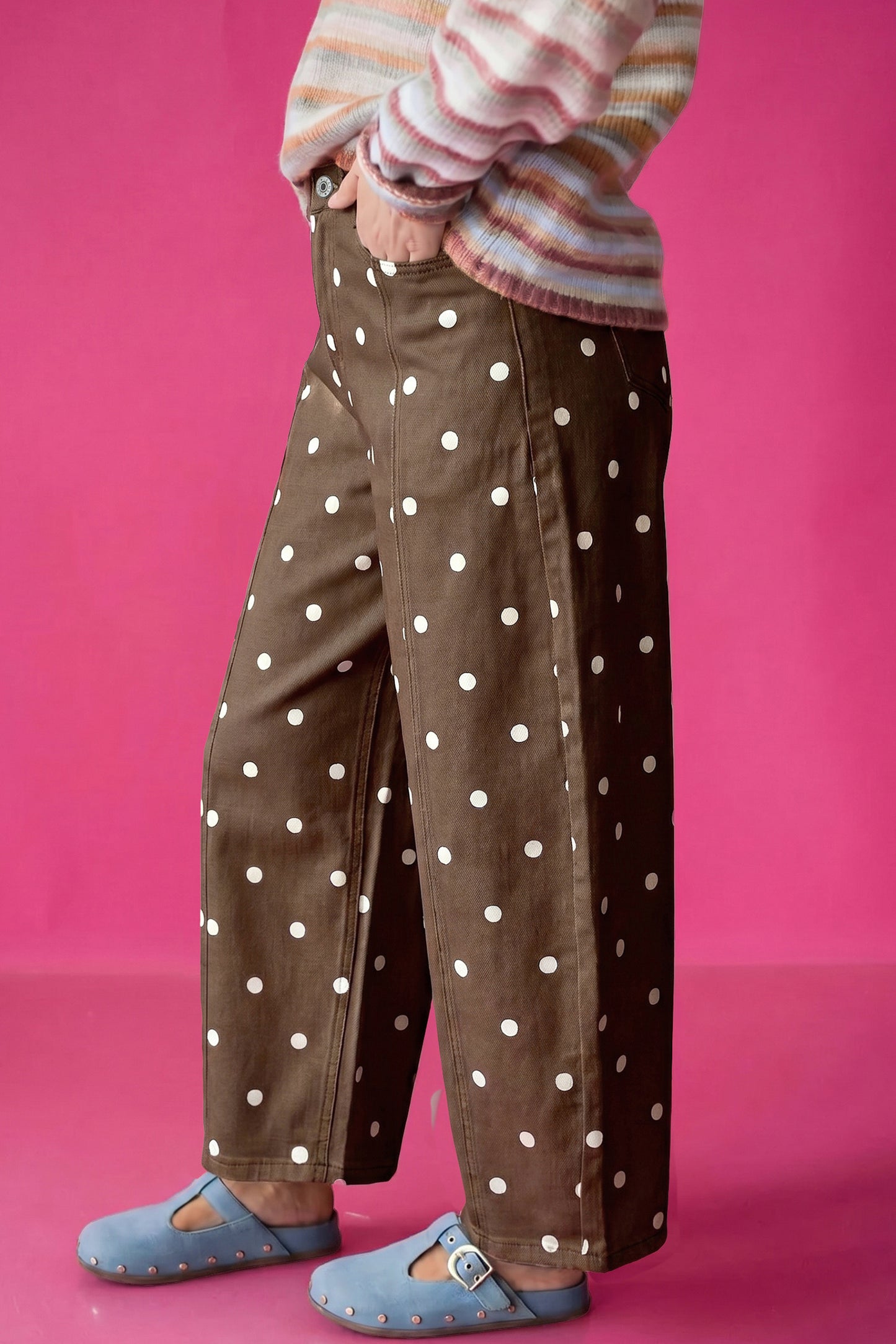 Brown Tailored Seam Polka Dot Print Barrel Casual Jeans