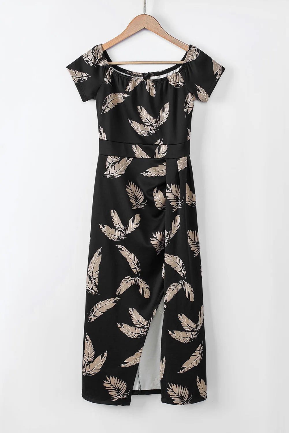 Black Pattern Print Off Shoulder Slit Bodycon Midi Dress - Chic Meadow Boutique 