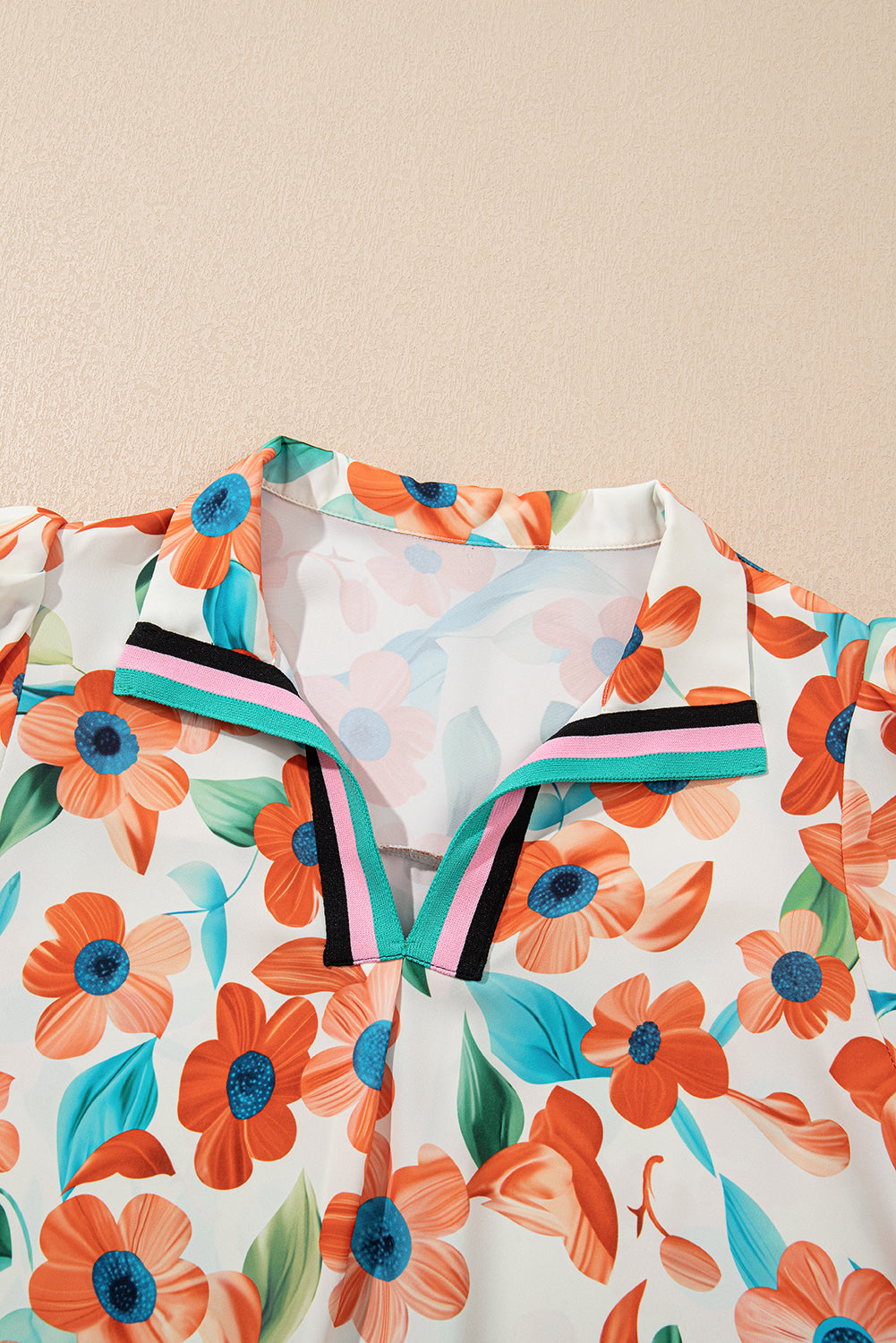 Orange Contrast Trim Floral Split Neck Puff Short Sleeve Tiered Mini Dress