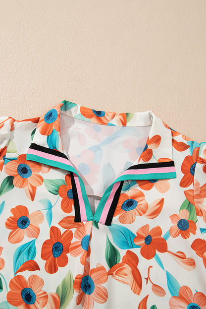 Orange Contrast Trim Floral Split Neck Puff Short Sleeve Tiered Mini Dress