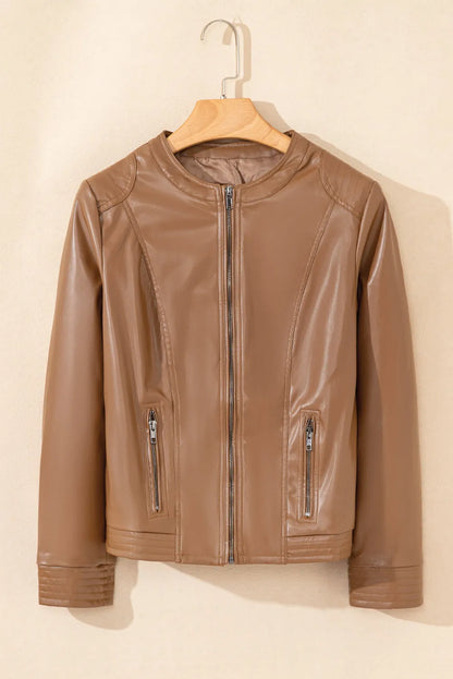 Chestnut Solid Faux Leather Zipper Slim Fit Jacket - Chic Meadow Boutique 