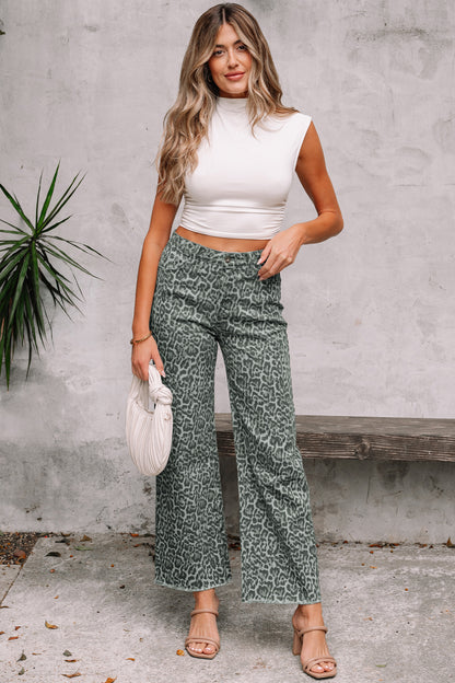 Gray Leopard Frayed Edge Wide Leg High Waist Jeans