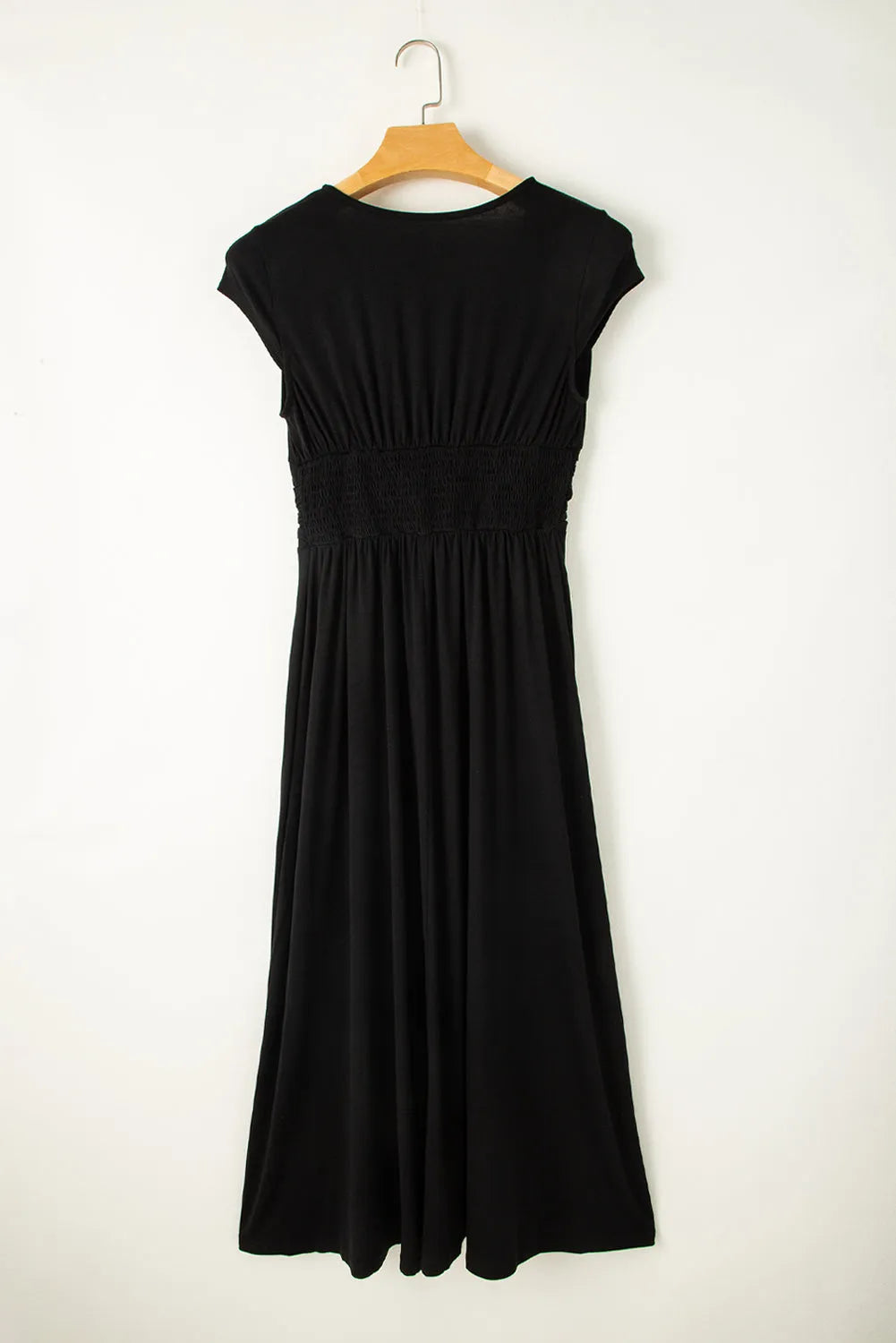 Black Short Sleeve Shirred High Waist V Neck Maxi Dress - Chic Meadow Boutique 