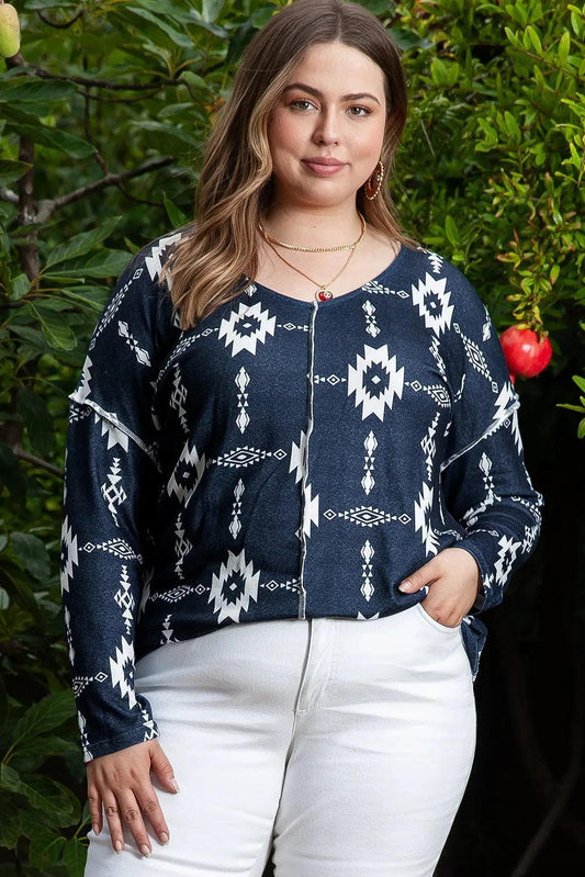 Plus Size/Plus Size Tops/Plus Size Long Sleeve Tops Gray / 1X / 95%Polyester+5%Elastane Gray Plus Size Aztec Print Exposed Seam Top