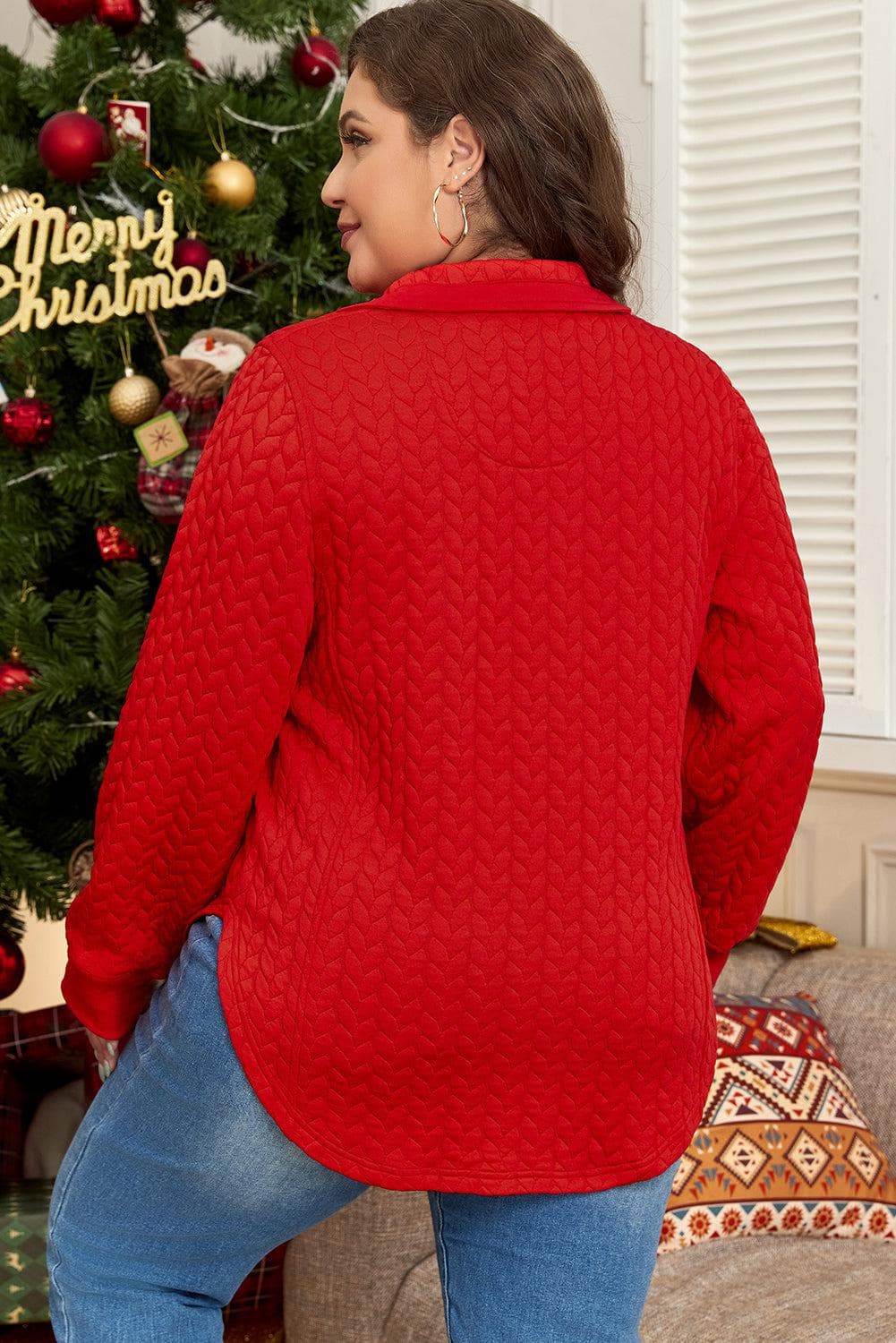 Plus Size/Plus Size Sweatshirts & Hoodies Tomato Red Cable Textured Quarter Zip Pocketed Plus Size Pullover