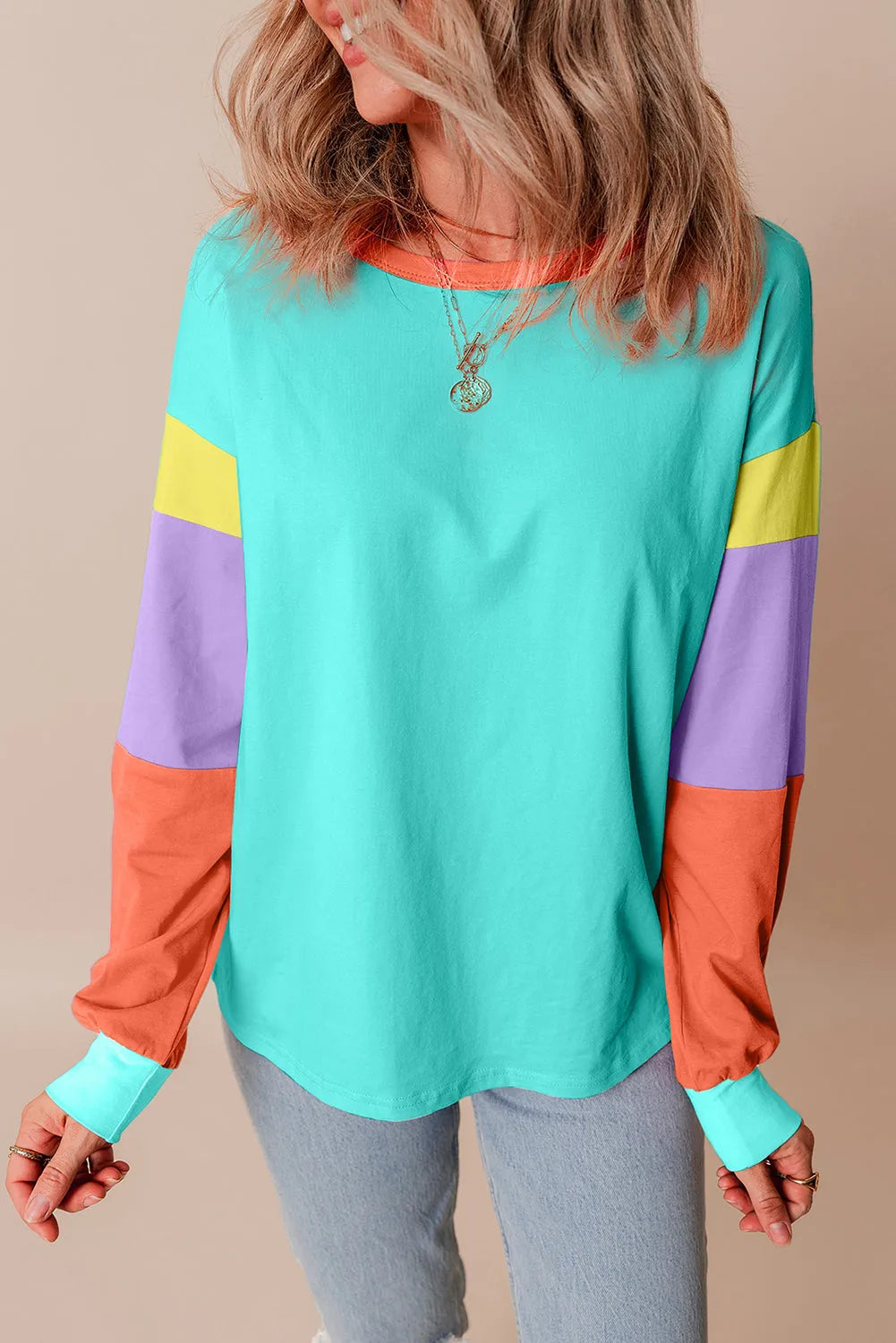 Light Blue Colorblock Patchwork Long Sleeve Loose Top - Chic Meadow Boutique 