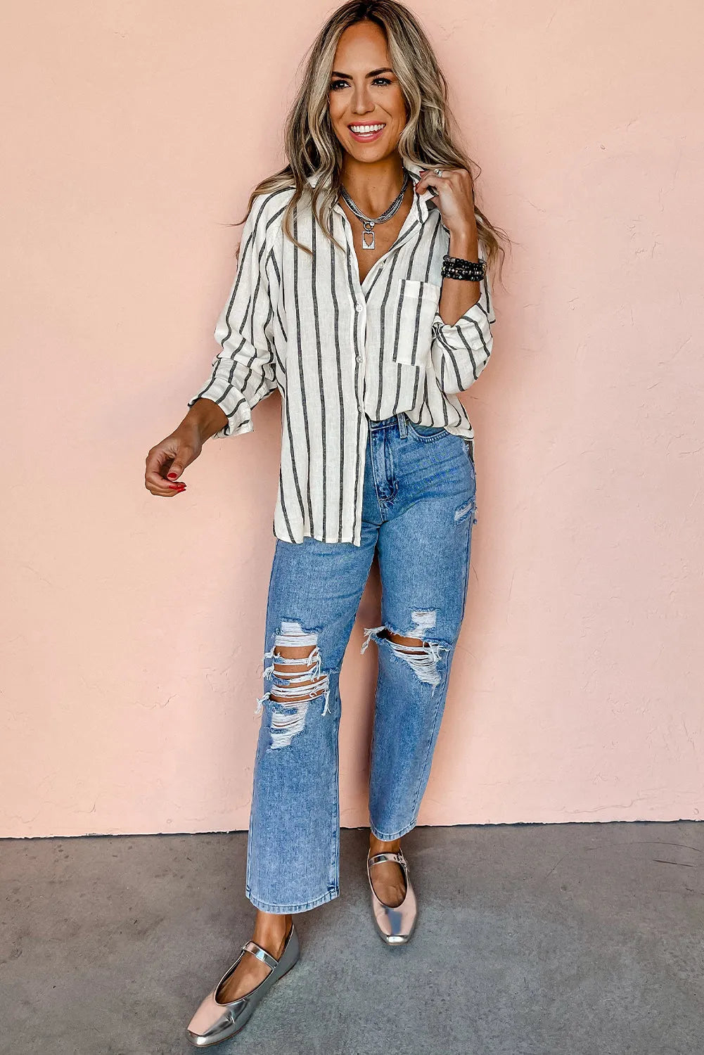 Black Stripe Chest Pocket Buttoned Oversized Shirt - Chic Meadow Boutique 