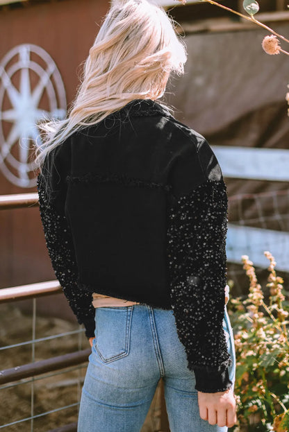 Black Sequin Sleeve Pocketed Raw Hem Denim Jacket - Chic Meadow Boutique 