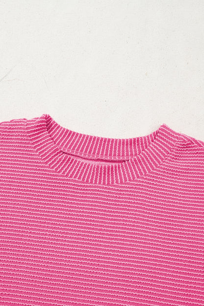 Bright Pink Plain Corded Knit Mock Neck T Shirt