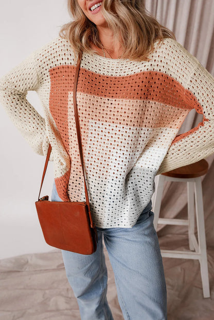 Apricot Pointelle Knit Colorblock Baggy Sweater - Chic Meadow Boutique 