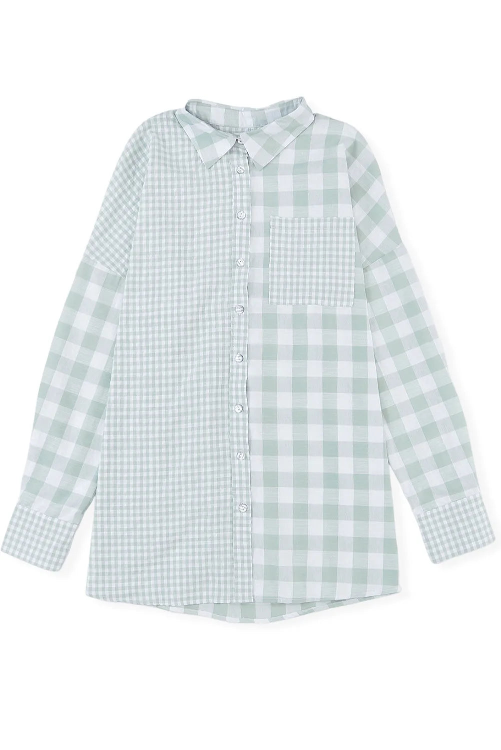 Tops/Blouses & Shirts Green Mix Checked Patchwork Long Sleeve Shirt