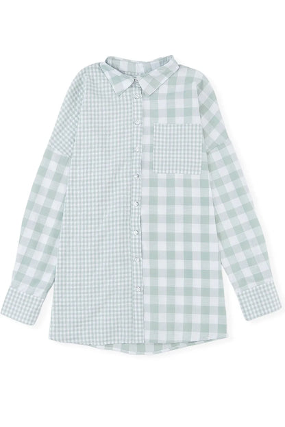 Green Mix Checked Patchwork Long Sleeve Shirt - Chic Meadow Boutique 