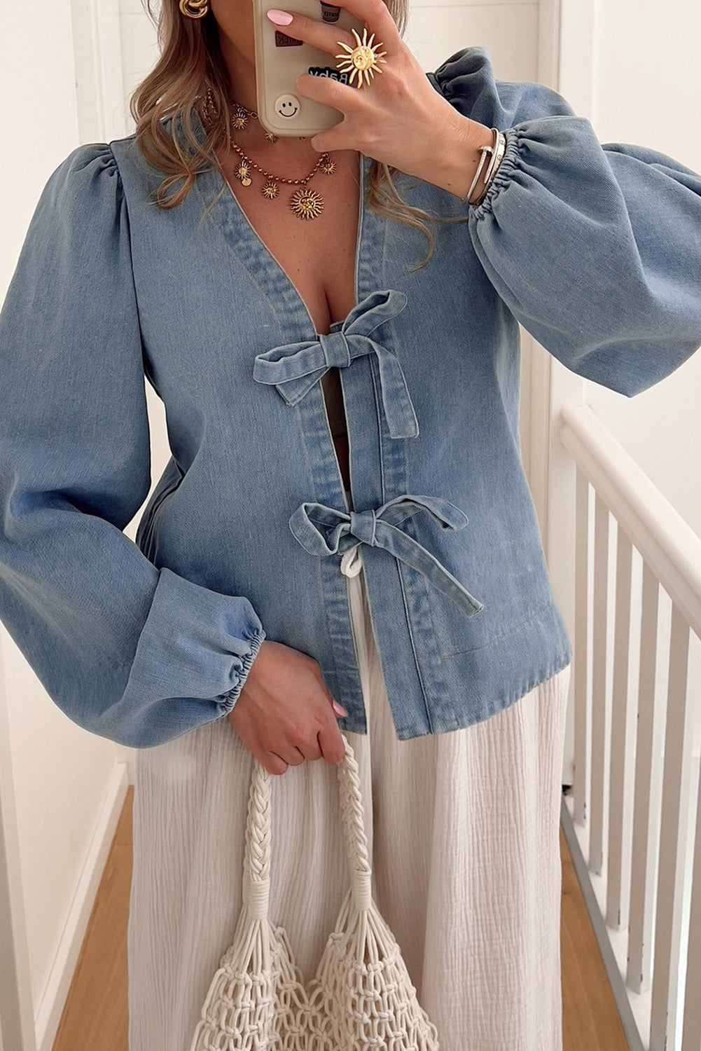 Dusk Blue Tied Front Long Puff Sleeve Denim Top