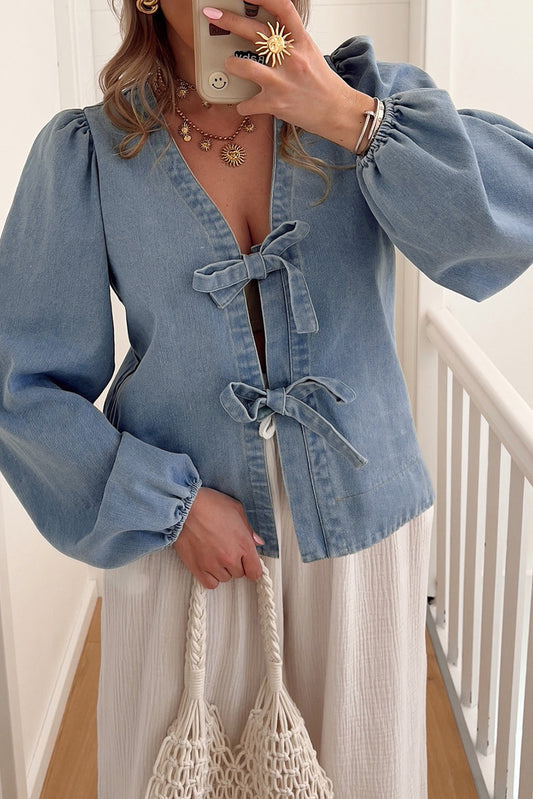 Dusk Blue Tied Front Long Puff Sleeve Denim Top