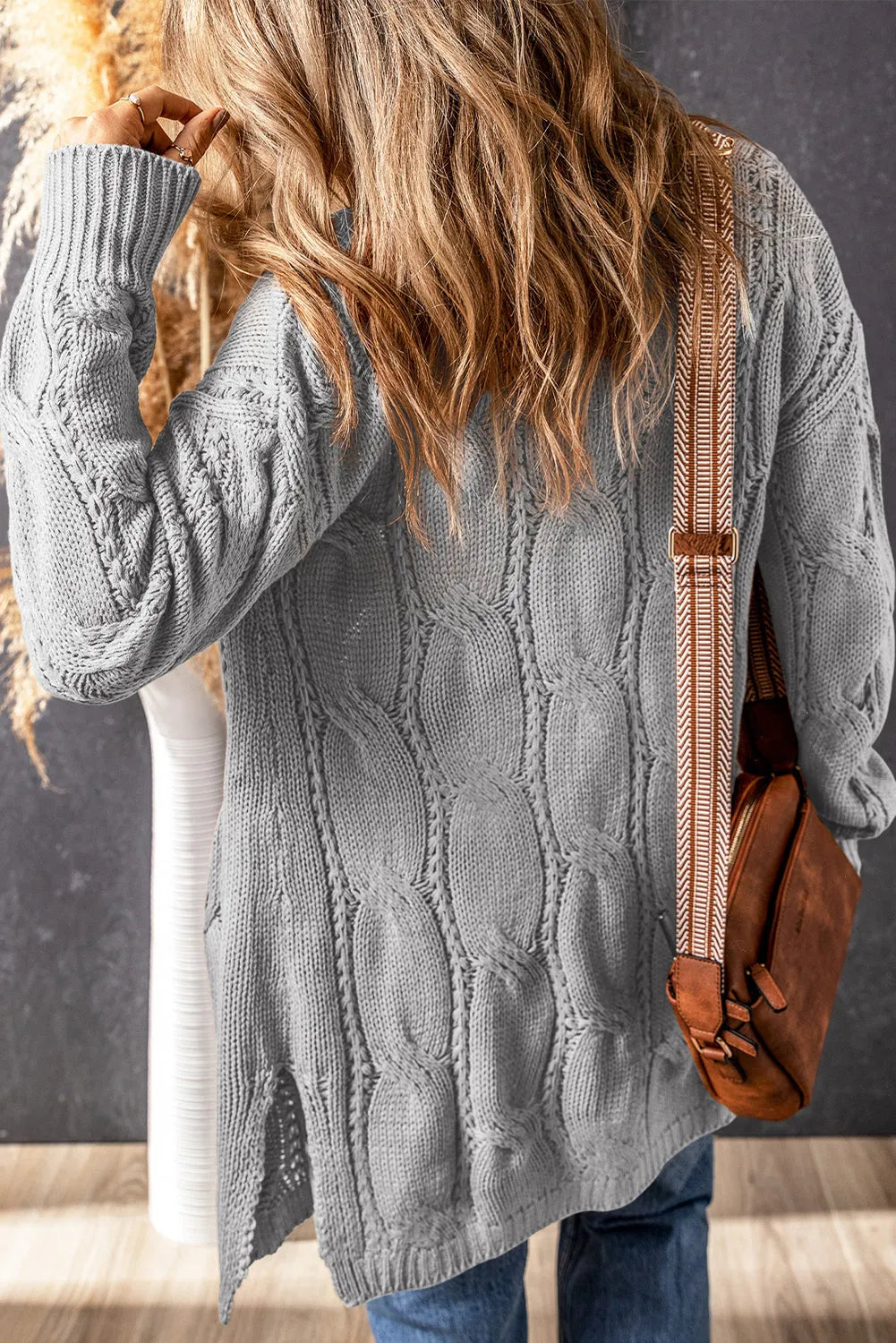 Gray Ribbed Trim Eyelet Cable Knit Cardigan - Chic Meadow Boutique 