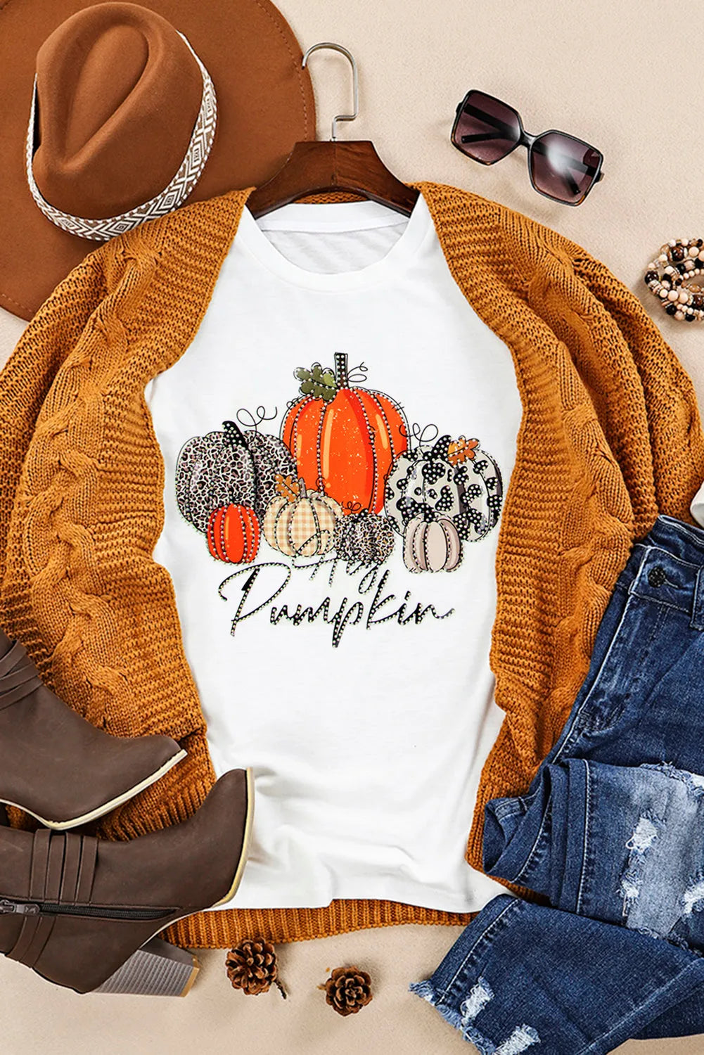 White Rhinestone Hey Pumpkin Graphic Thanksgiving Tee - Chic Meadow Boutique 