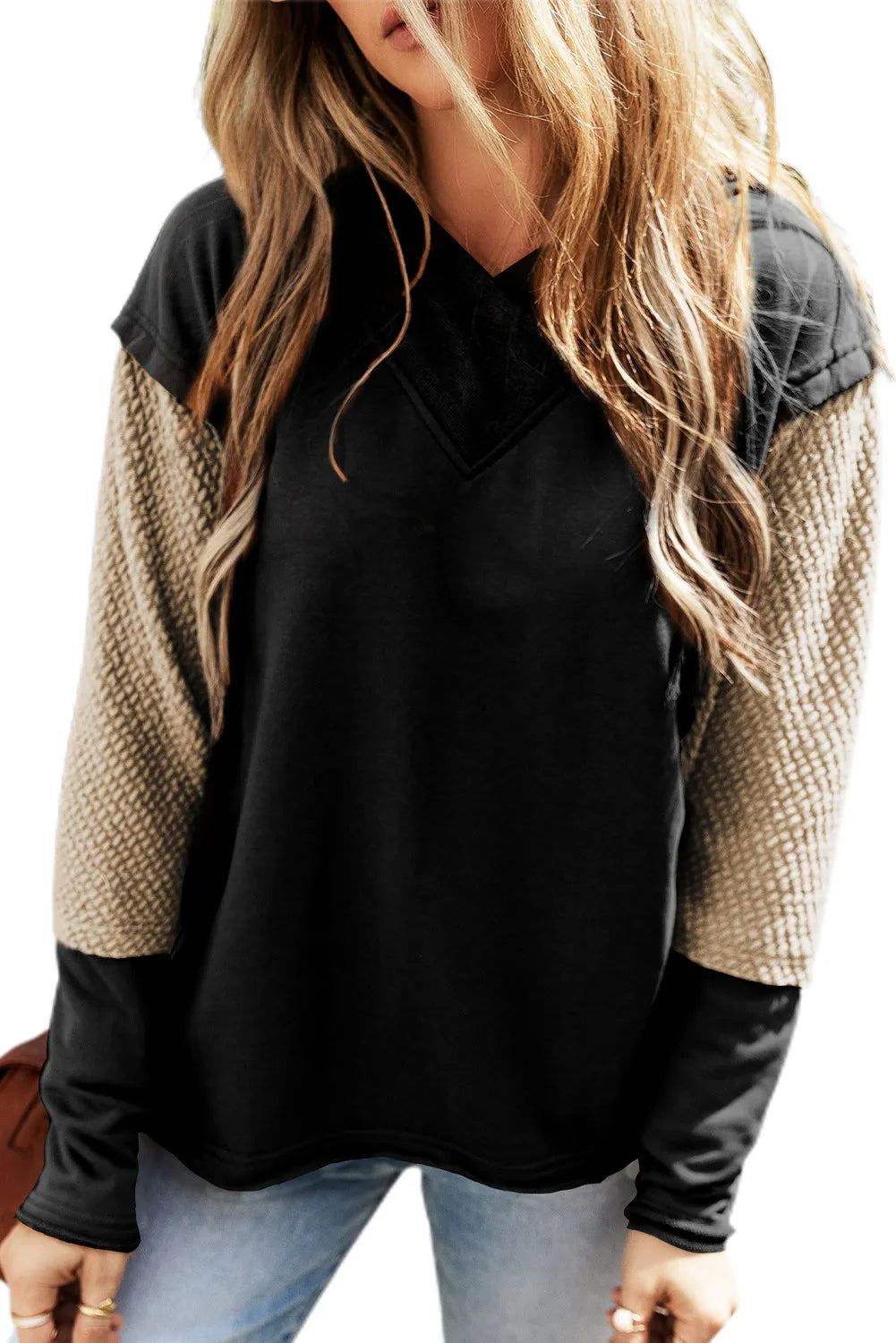 Black Contrast Sleeves Patchwork Colorblock Hoodie - Chic Meadow Boutique 