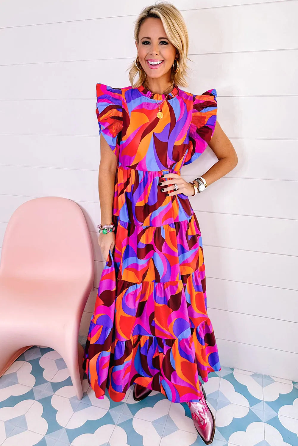 Orange Abstract Printed High Waist Ruffle Tiered Long Dress - Chic Meadow Boutique 