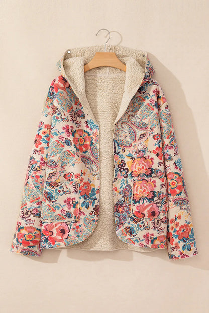 Beige Vintage Paisley Floral Printed Sherpa Lined Hooded Jacket - Chic Meadow Boutique 