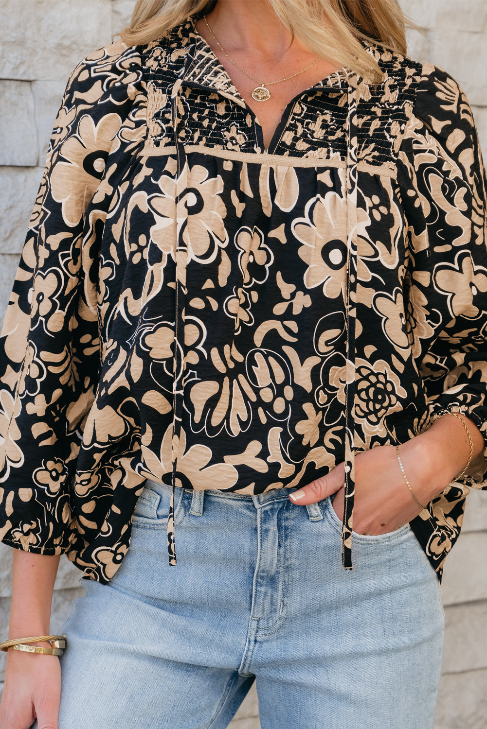 Black Floral Shirred Yoke Bracelet Sleeve Split Neck Boho Blouse