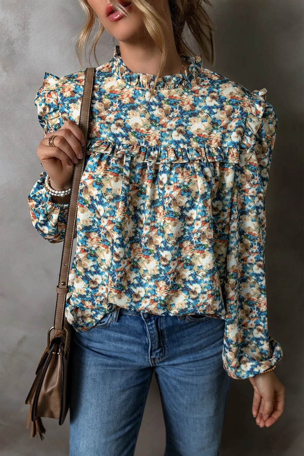 Sky Blue Floral Print Frilled Mock Neck Puff Sleeve Blouse - Chic Meadow Boutique 