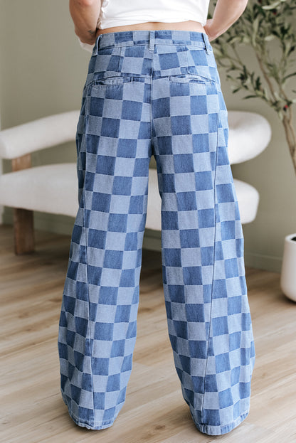 Dusk Blue Checkered Denim Wide Leg Jeans