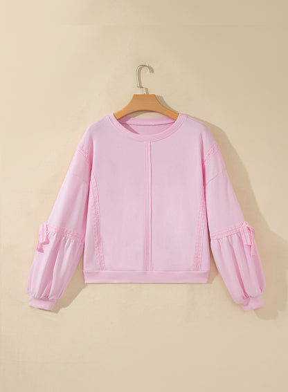 Pink Solid Color Raw Seam Lace Detail Loose Casual Sweatshirt