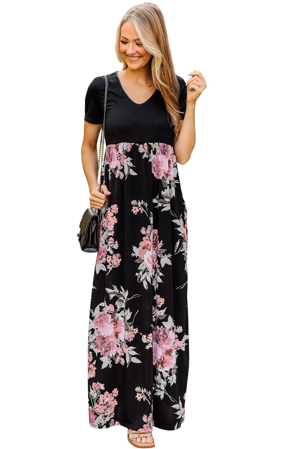 Black Contrast Floral Empire Waist Maxi Dress - Chic Meadow Boutique 