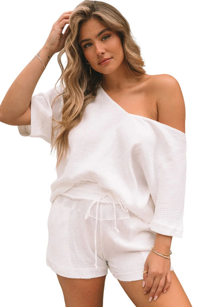 White Relaxed V Neck Blouse and Drawstring Raw Hem Shorts Set - Chic Meadow Boutique 