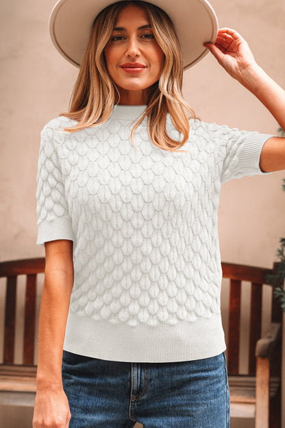 White Fish Scale Textured Knit Ribbed High Neck Short Sleeve Sweater