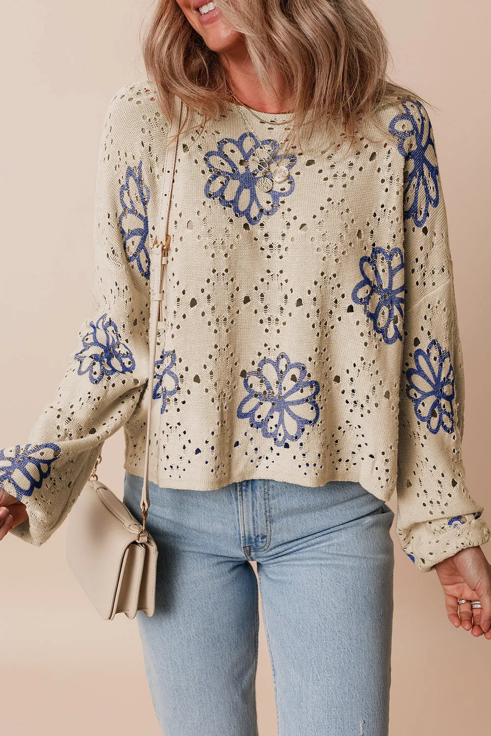 Beige Contrast Flower Print Eyelet Drop Shoulder Sweater - Chic Meadow Boutique 