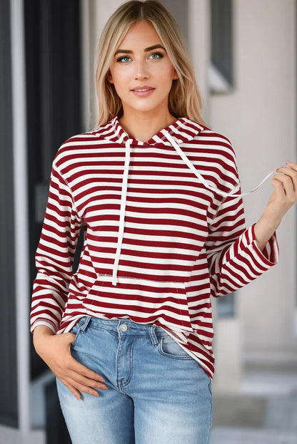 Burgundy Stripe Kangaroo Pocket Drawstring Hoodie - Chic Meadow Boutique 