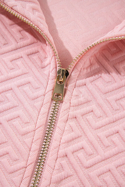 Light Pink Solid Textured Half Zipper Collared Sweatshirt - Chic Meadow Boutique 