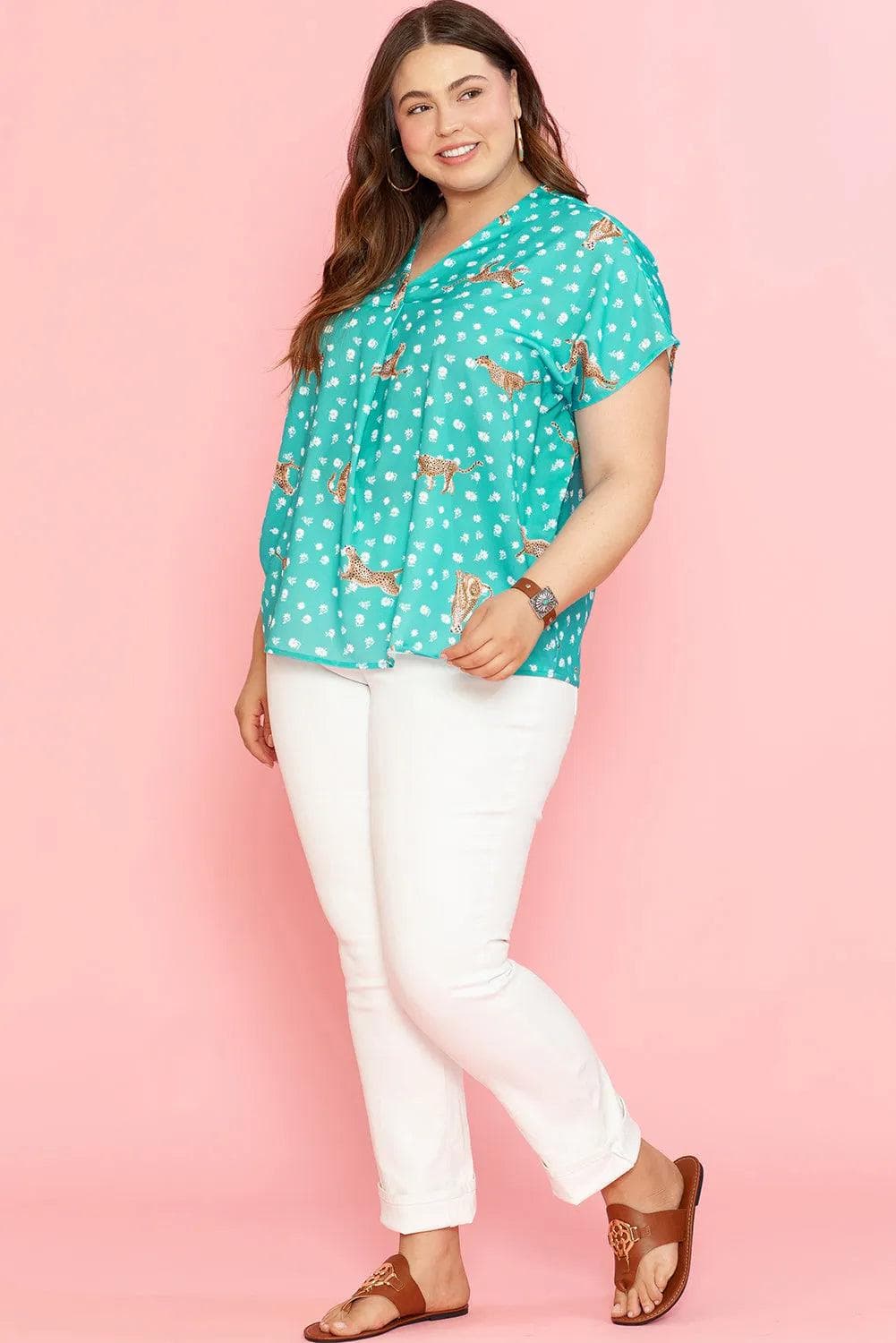 Plus Size/Plus Size Tops/Plus Size Tops & Tees Green Cheetah Print V Neck Short Sleeve Plus Top