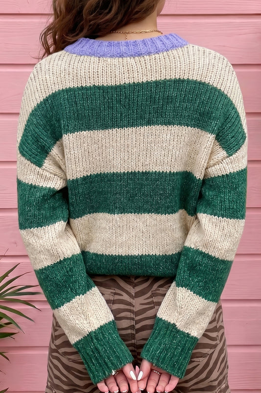 Green Stripe Striped Colorblock Drop Shoulder Pullover Sweater