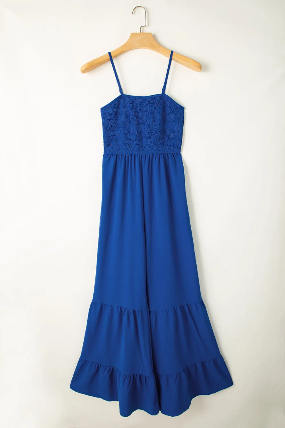 Navy Blue Spaghetti Straps Smocked Ruffled Wide Leg Jumpsuit - Chic Meadow Boutique 