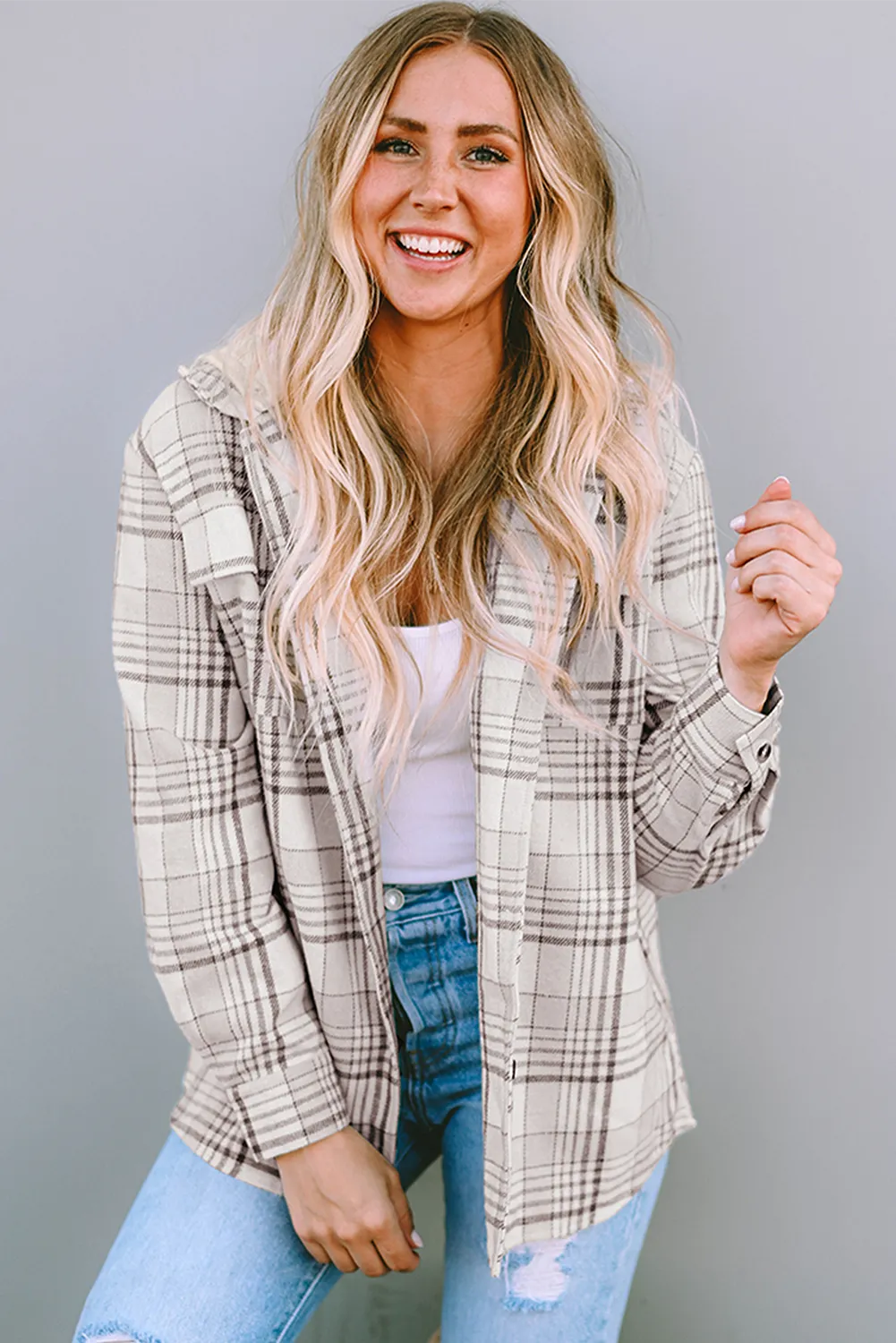 Khaki Plaid Removable Hood Buttoned Shacket - Chic Meadow Boutique 