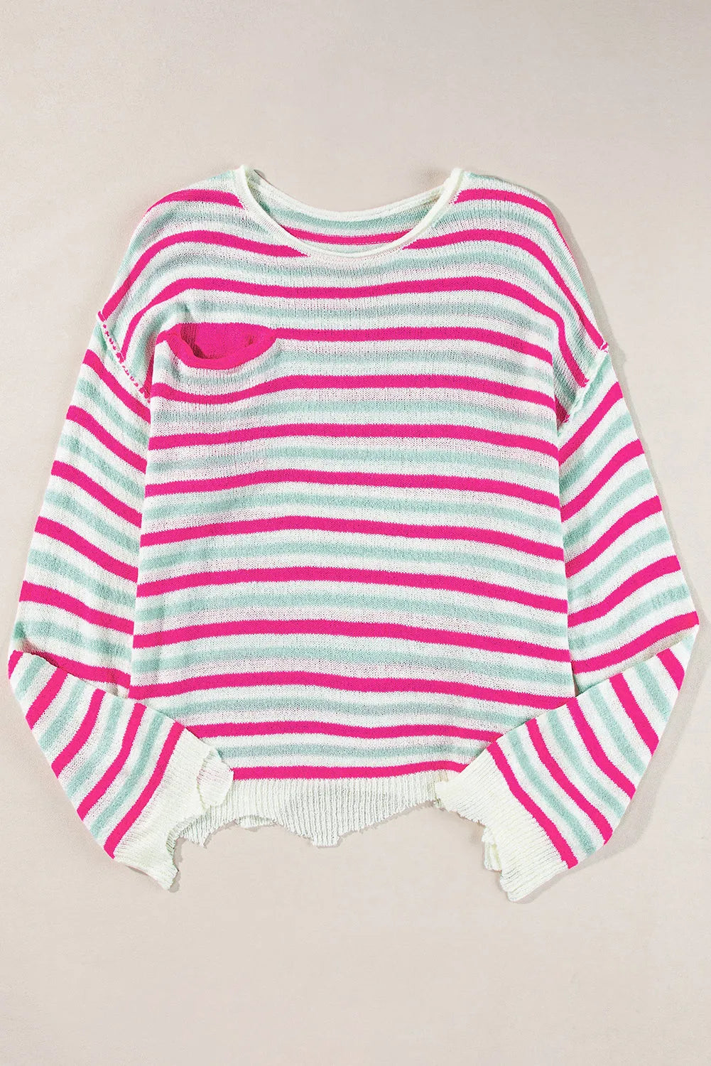 Rose Stripe Oversized Drop Shoulder Sweater with Pocket - Chic Meadow Boutique 