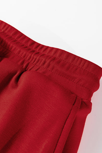 Racing Red Solid Color Drop Shoulder Pullover Drawstring Mini Skirt 2pcs Outfit