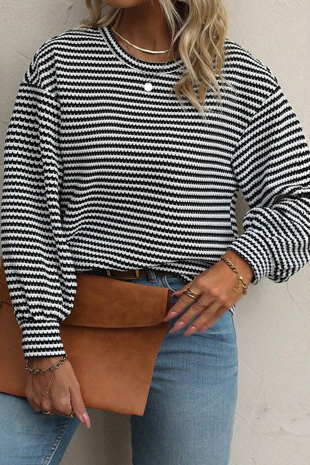 Black Stripe Round Neck Drop Shoulder Long Sleeve Top - Chic Meadow Boutique 