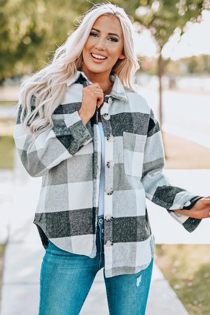 Gray Plaid Color Block Buttoned Long Sleeve Jacket with Pocket - Chic Meadow Boutique 