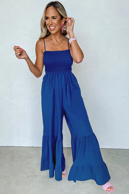 Navy Blue Spaghetti Straps Smocked Ruffled Wide Leg Jumpsuit - Chic Meadow Boutique 